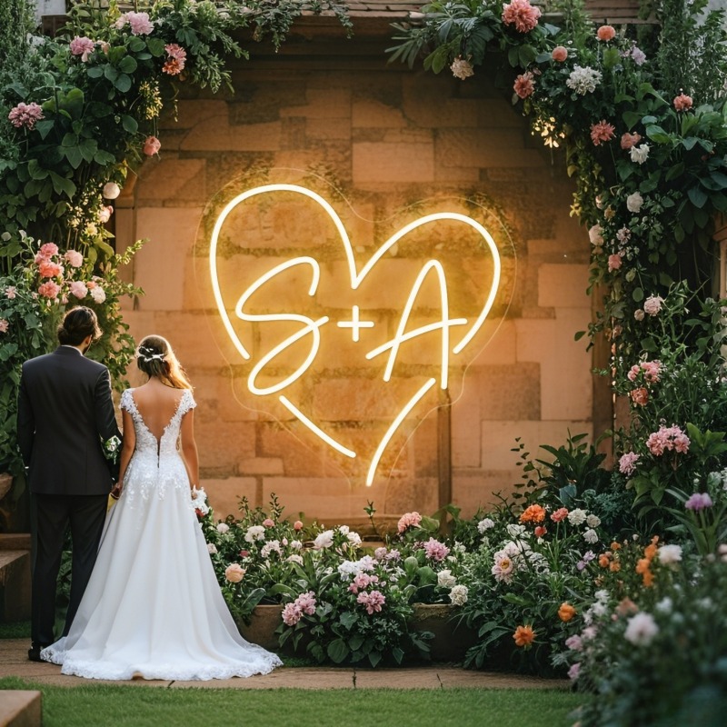 Lighting Decoration Ideas - カスタムイニシャルハートLEDネオンサイン、結婚式パーティーの背景、家の壁の装飾、カップルへのギフト用のパーソナライズされたネームネオンライト