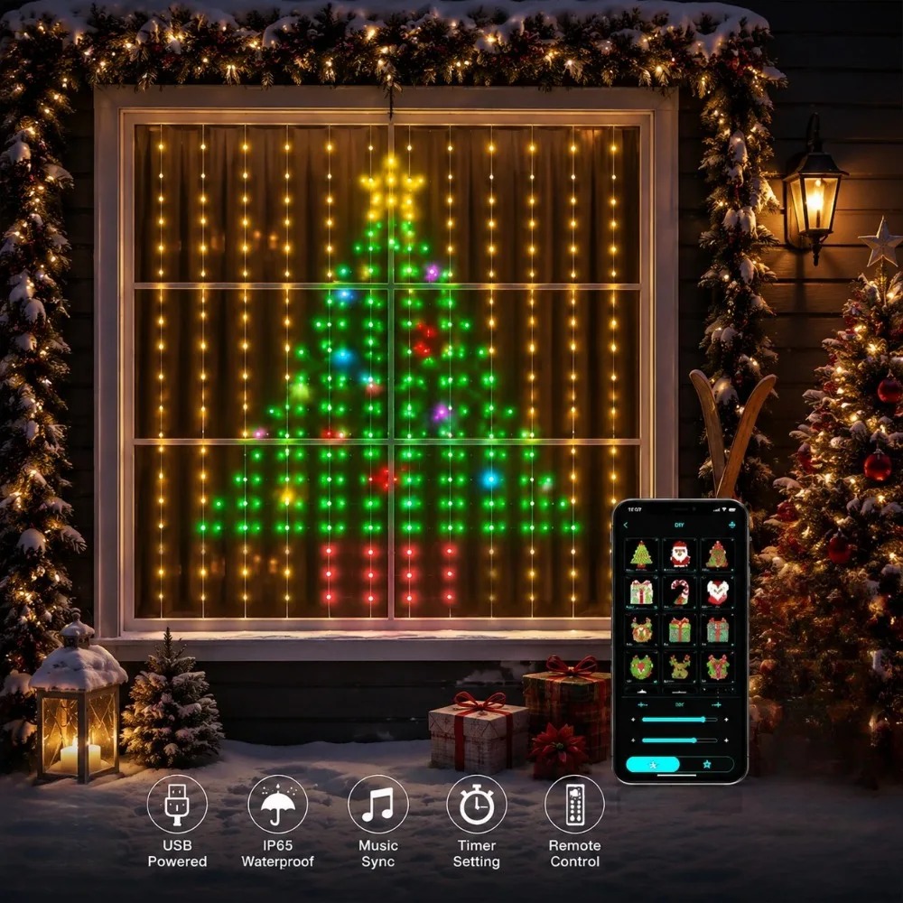 LEDピクセルカーテンライト、Bluetoothアプリで制御 - Lighting Christmas Decor のレビューと価格